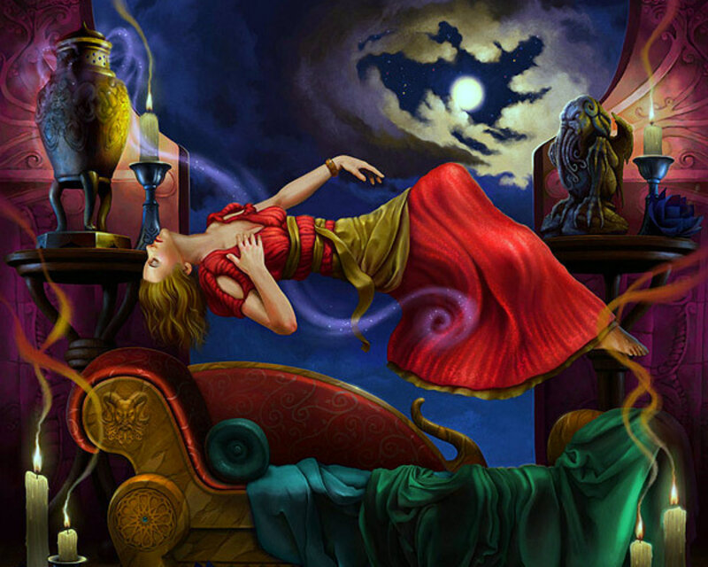 Woman Floating in Room — Red, Dramatic