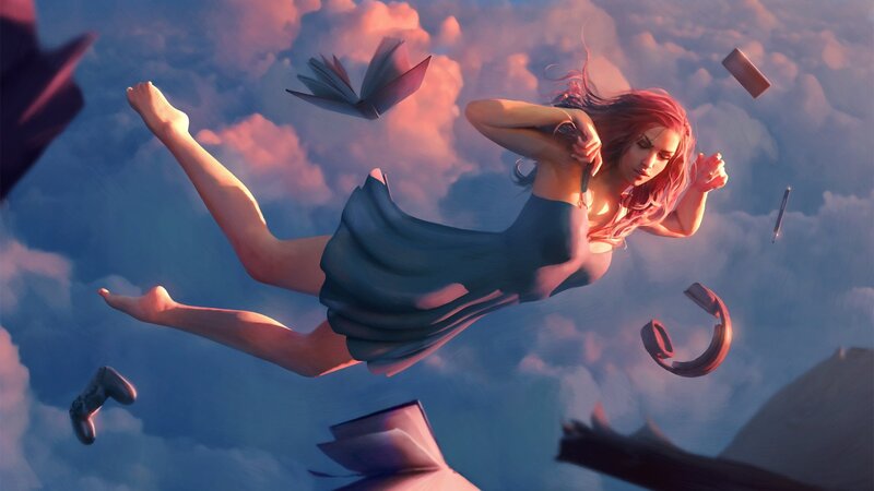 Woman Floating in Sky — Blue, Dreamy, Sunset
