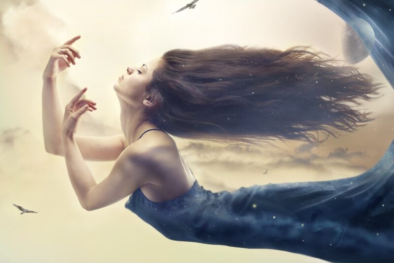 Woman Floating in Sky — Blue, Serene