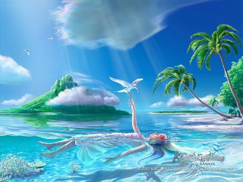 Woman floating in tropical paradise