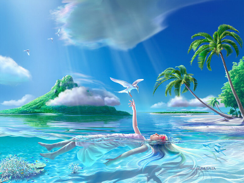 Woman floating in tropical paradise