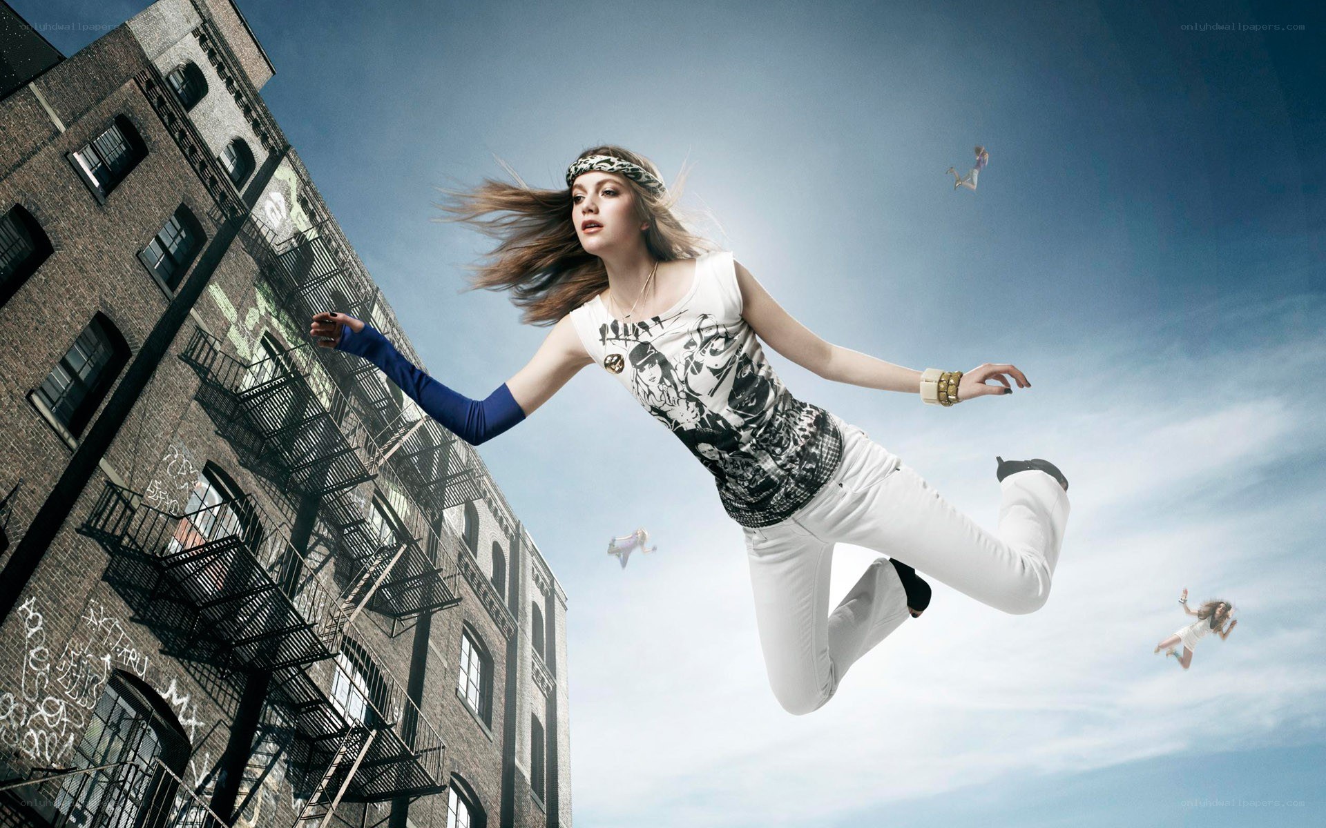 woman floating in urban sky