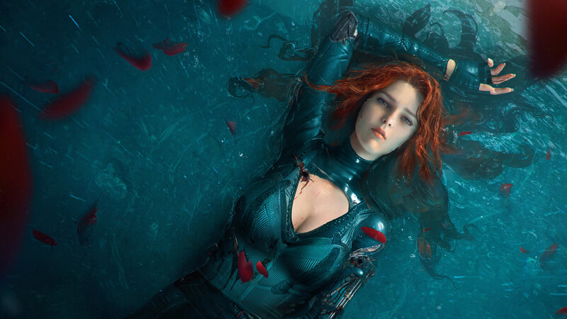 Woman Floating in Water — Blue, Dramatic, Digital Art, Red Hair