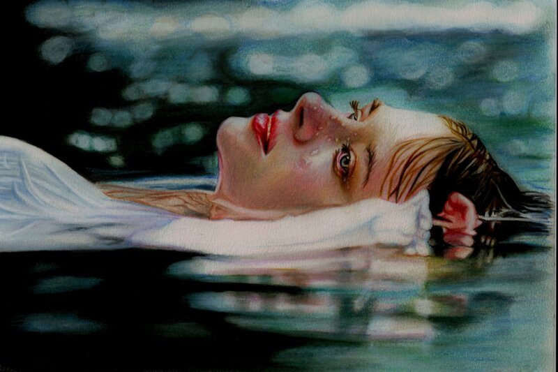 Woman Floating in Water — Blue, Dramatic, Painting