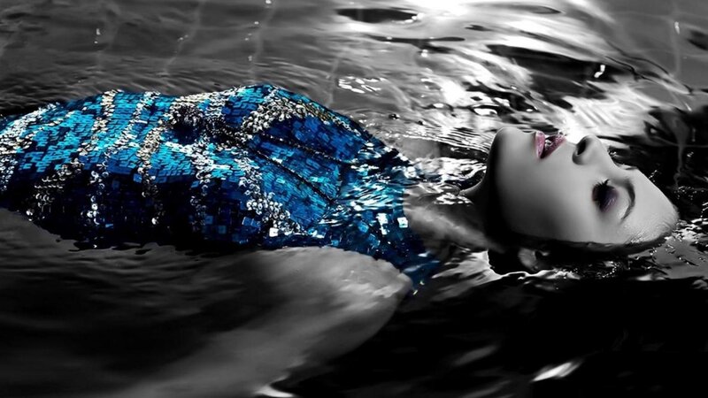 Woman Floating in Water — Blue, Dramatic, Photograph, Dress, Face