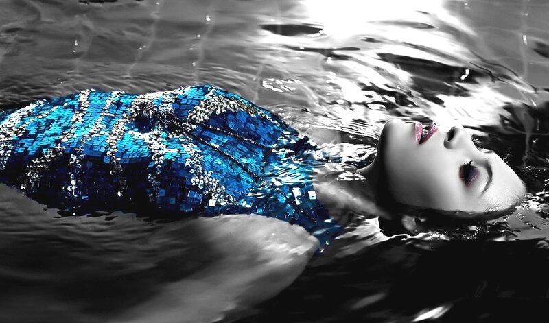 Woman Floating in Water — Blue, Dramatic, Photograph, Dress