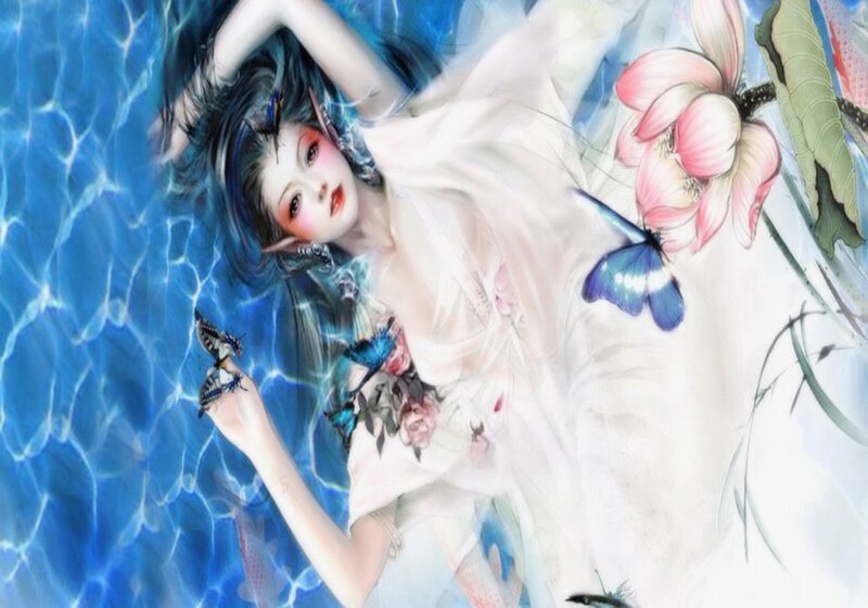 Woman Floating in Water — Blue, Serene, Digital Art, Butterflies