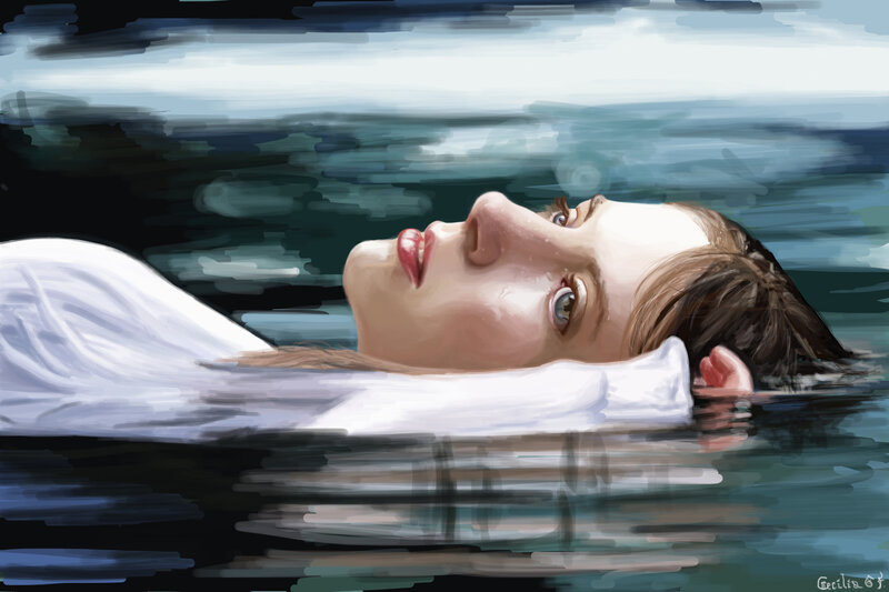 Woman Floating in Water — Blue, Serene, Digital Art, White Cloth