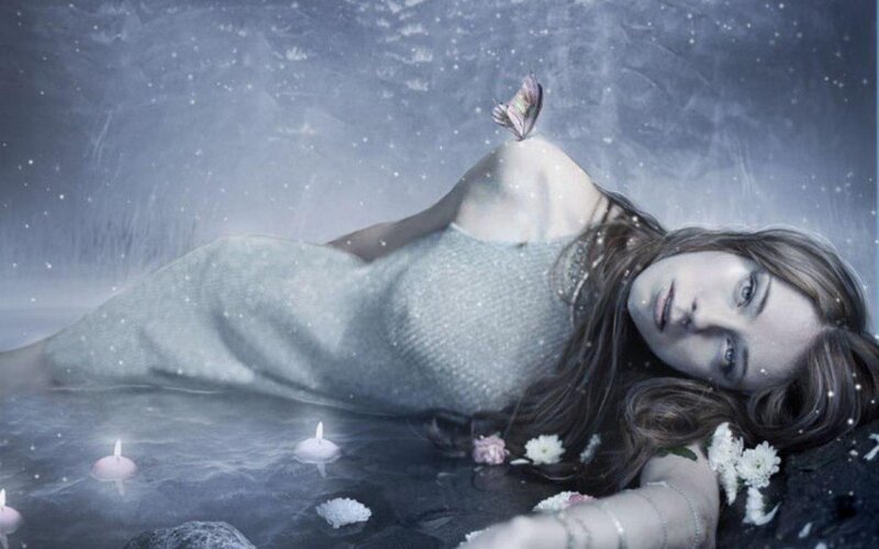 Woman Floating in Water — Blue, Serene, Night, Digital Art, Candles