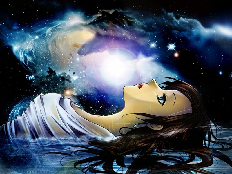 Woman Floating in Water — Blue, Serene, Night, Digital Art, Stars