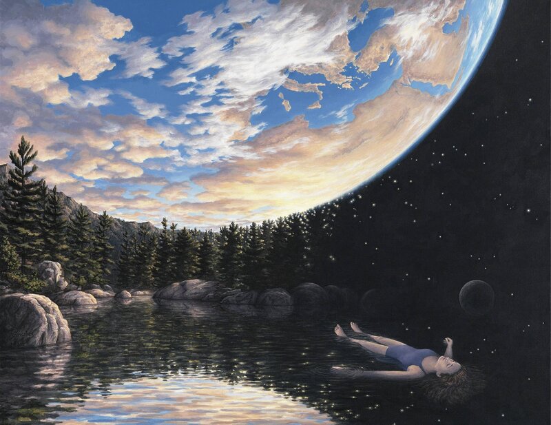 Woman Floating in Water — Blue, Serene, Night, Painting