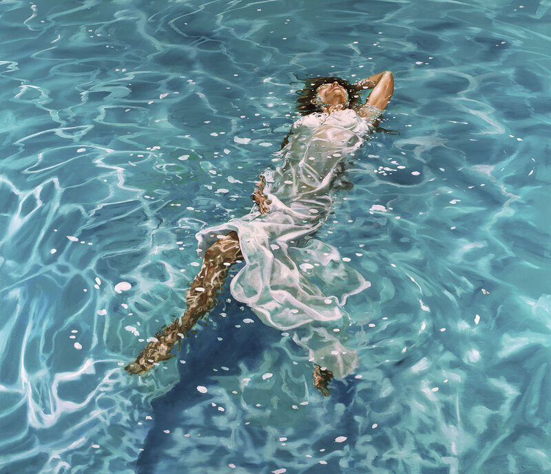 Woman Floating in Water — Blue, Serene, Painting, Dress