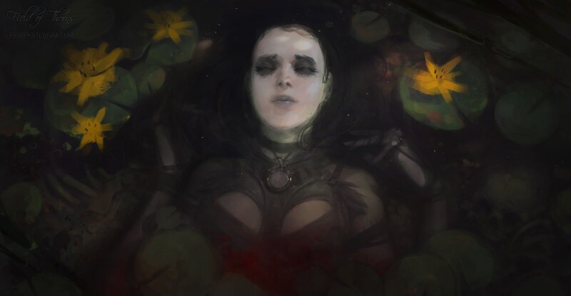 Woman Floating in Water — Green, Dramatic, Night, Digital Art