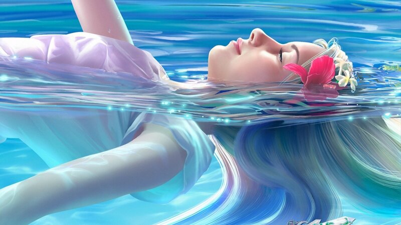 woman floating in water with flowers