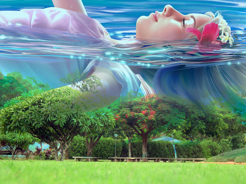 woman floating in water with flowers