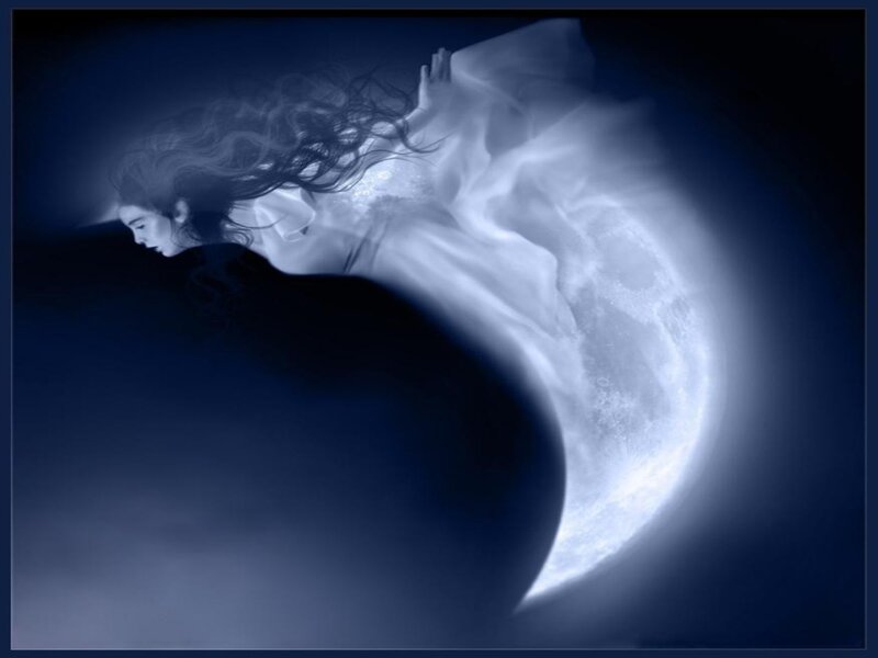 Woman Floating Near Moon — Blue