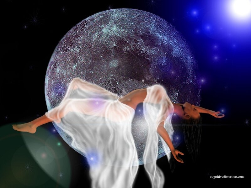 woman floating near moon