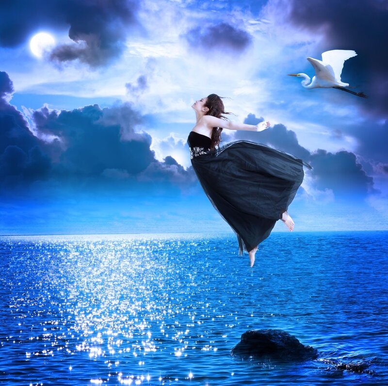 Woman Floating over Ocean — Blue, Dreamy