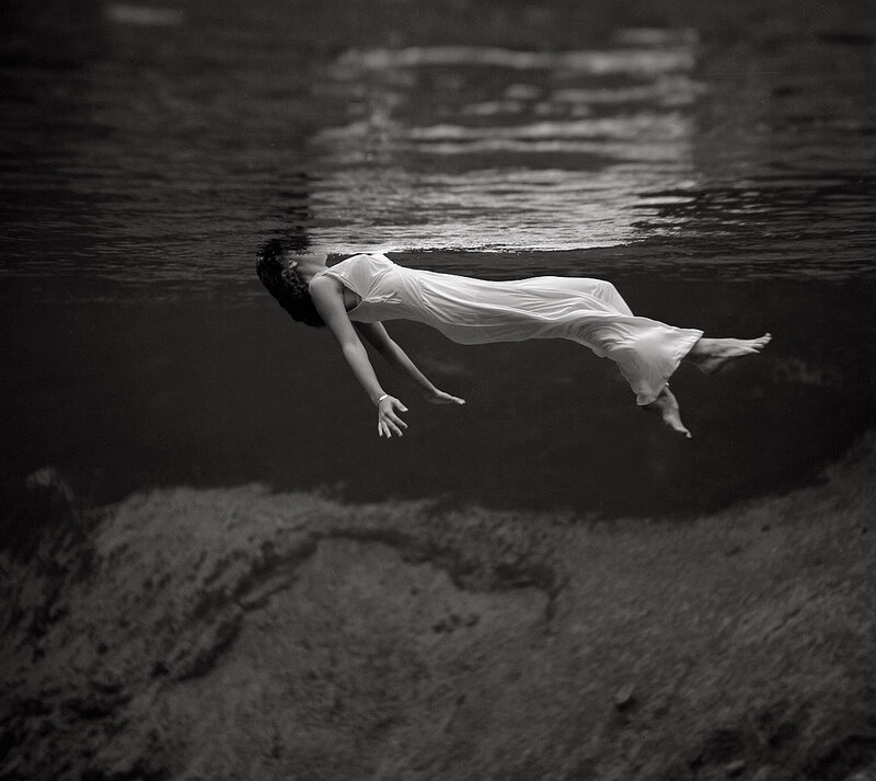 Woman Floating Underwater — Black, Serene, Photograph, Dress