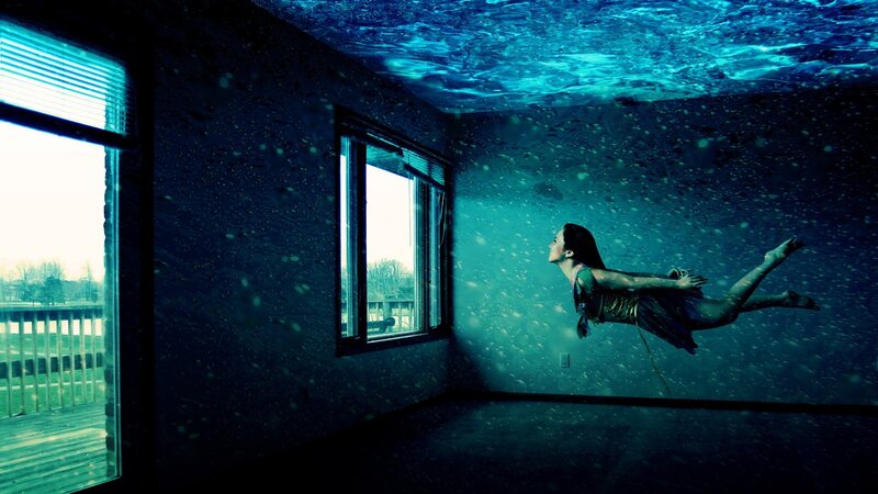 Woman Floating Underwater — Blue, Dramatic, Digital Art