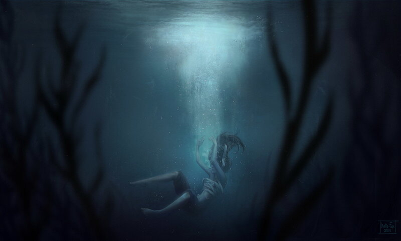 Woman Floating Underwater — Blue, Dramatic, Night
