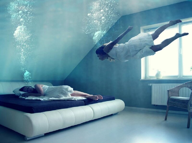 Woman Floating Underwater — Blue, Dreamlike, Digital Art