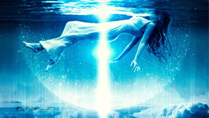 Woman Floating Underwater — Blue, Serene, Digital Art, Dress, Light Beam