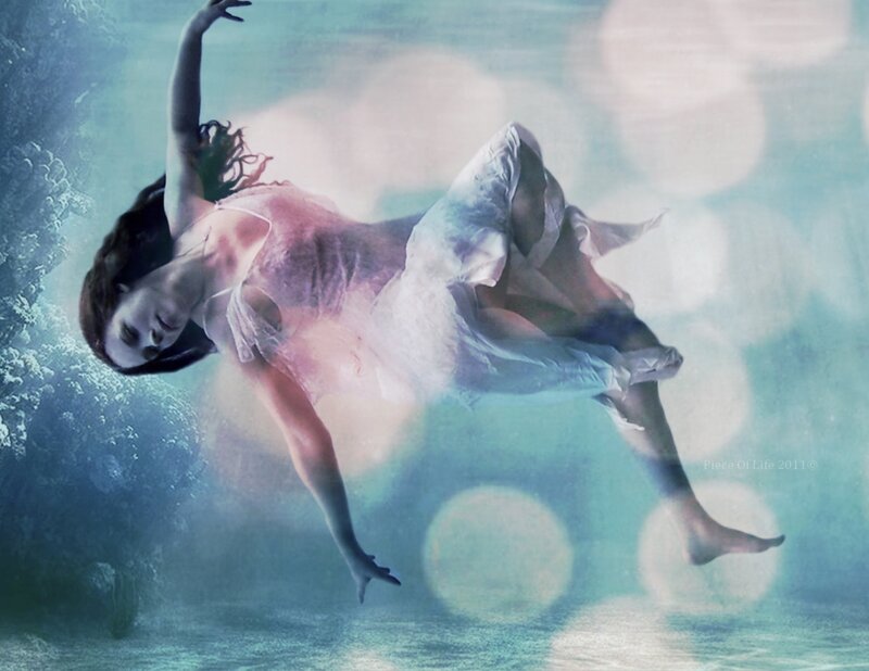 Woman Floating Underwater — Blue, Serene, Digital Art, Dress