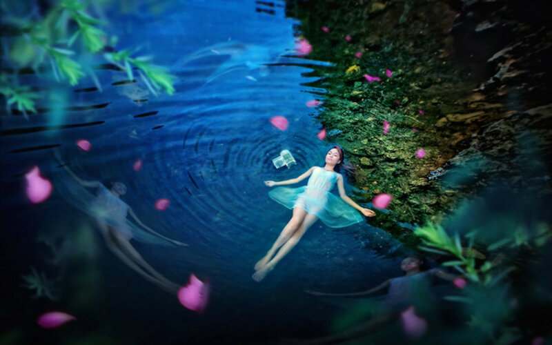 Woman Floating Underwater — Blue, Serene, Digital Art, Flower Petals