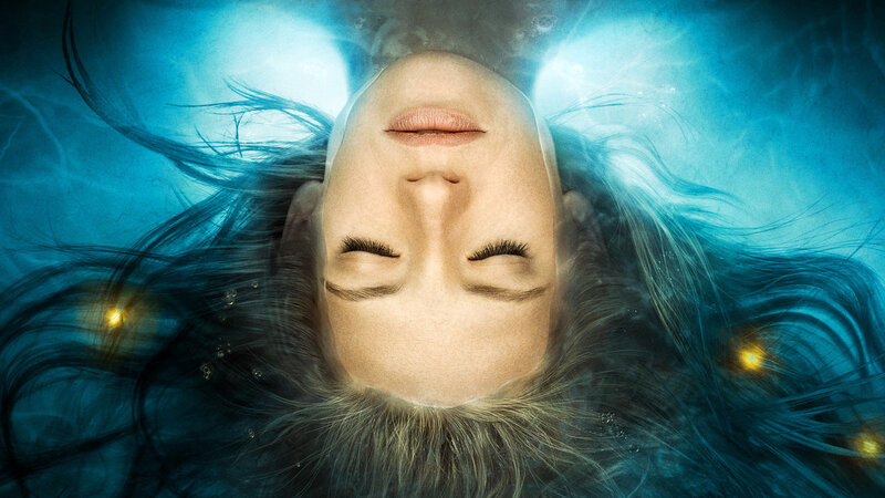 Woman Floating Underwater — Blue, Serene, Digital Art, Hair, Eyes