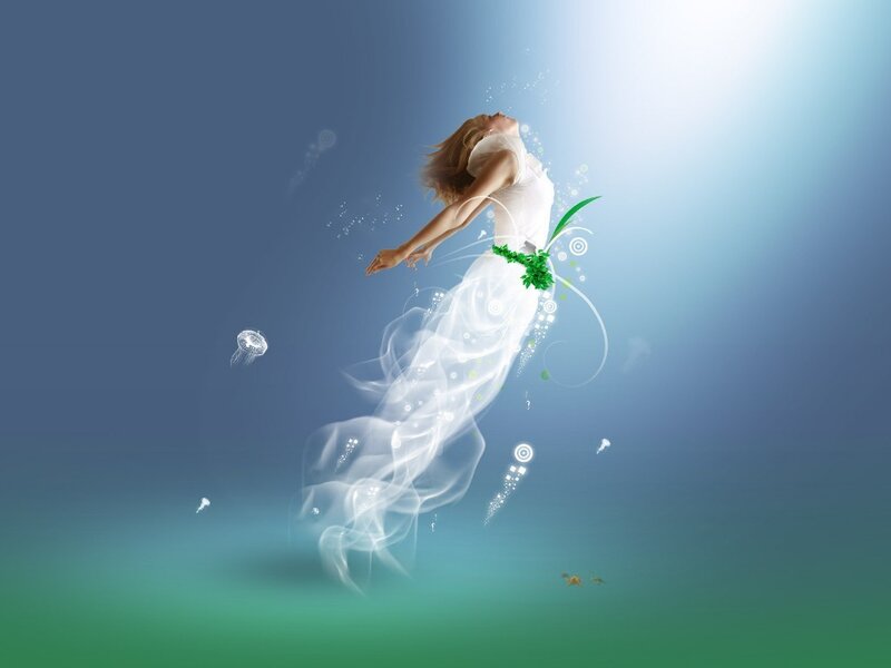Woman Floating Underwater — Blue, Serene, Digital Art, Jellyfish, Bubbles