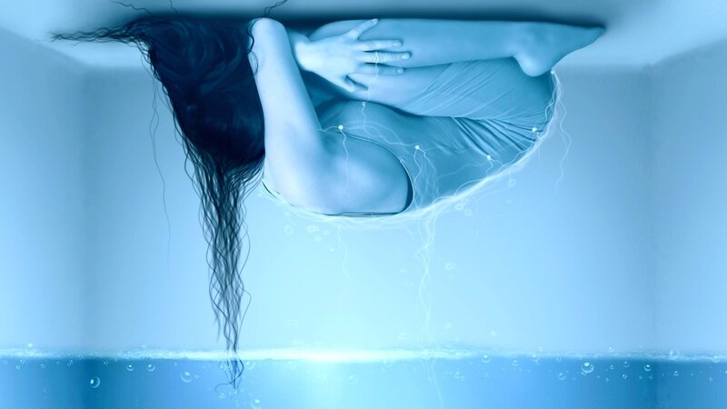 Woman Floating Underwater — Blue, Serene, Digital Art, Long Hair, Lightning