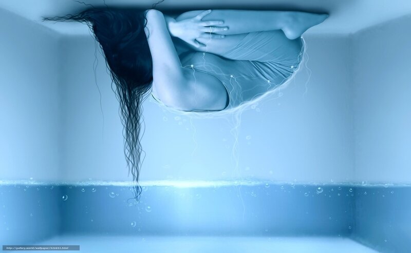 Woman Floating Underwater — Blue, Serene, Digital Art, Long Hair