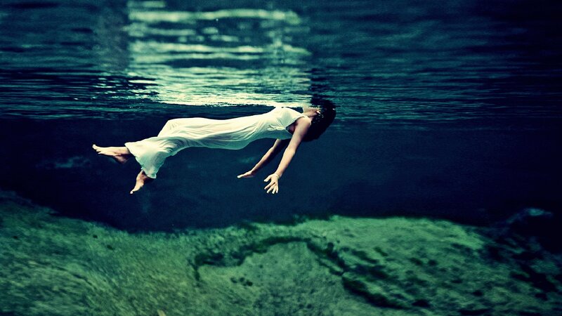 Woman Floating Underwater — Blue, Serene, Photograph, Dress