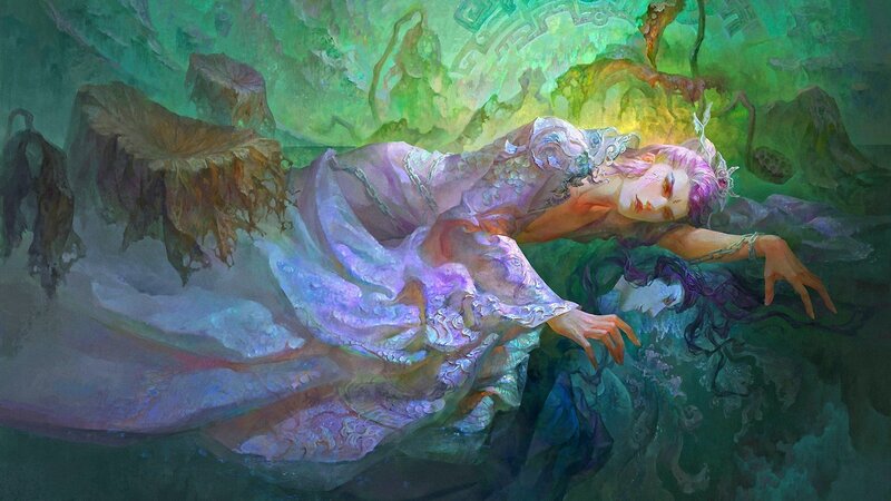 Woman Floating Underwater — Green, Serene