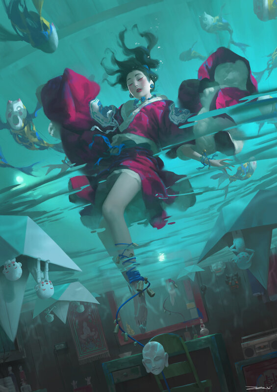 Woman Floating Underwater — Teal