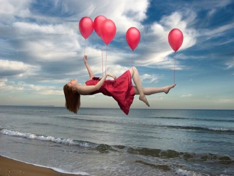 Woman Floating with Balloons — Red