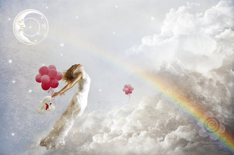 Woman Floating with Balloons — White