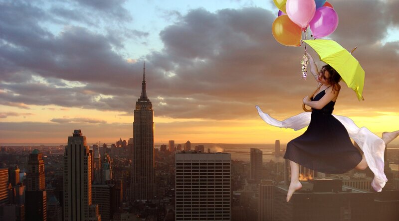 Woman Floating with Balloons — Yellow, Dramatic