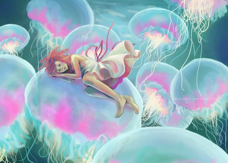 Woman Floating with Jellyfish