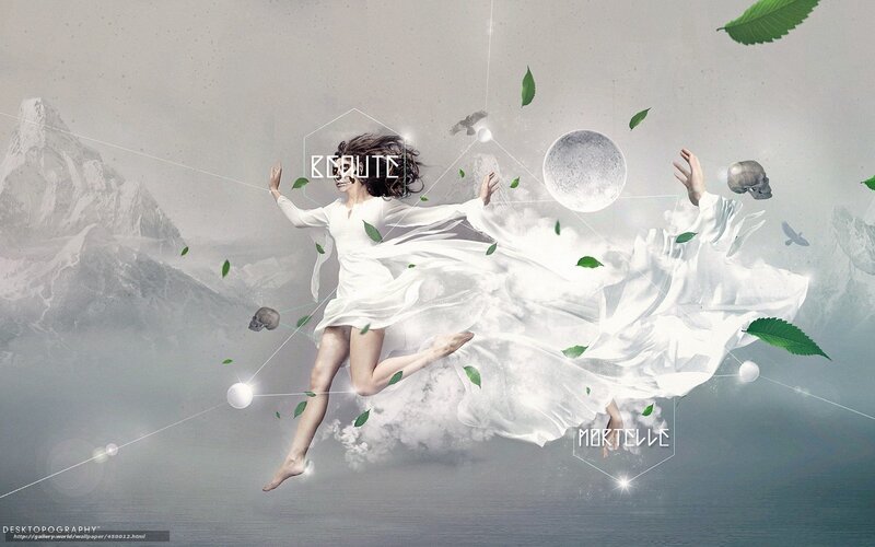 woman floating with skulls and leaves