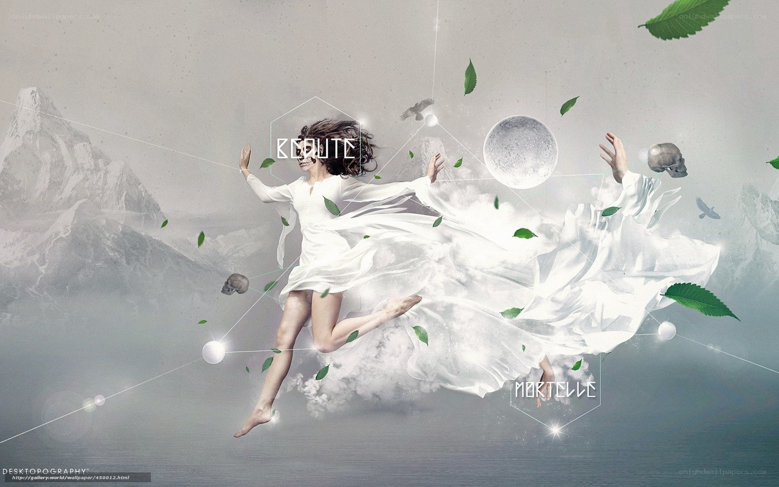 woman floating with skulls and leaves