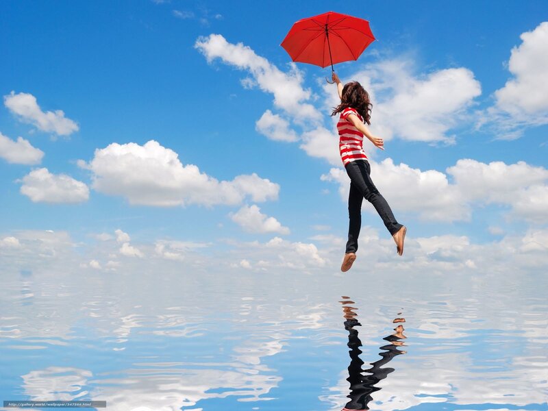 Woman Floating with Umbrella — Blue, Serene