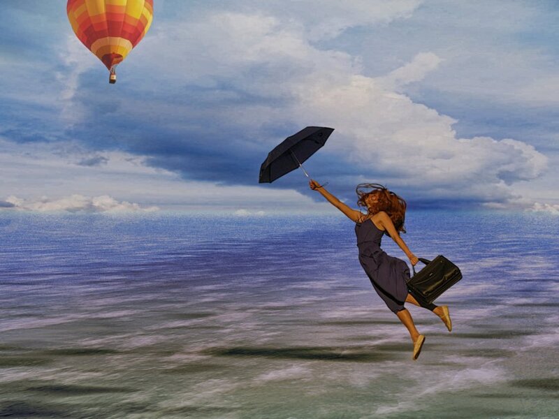 Woman Floating with Umbrella — Blue