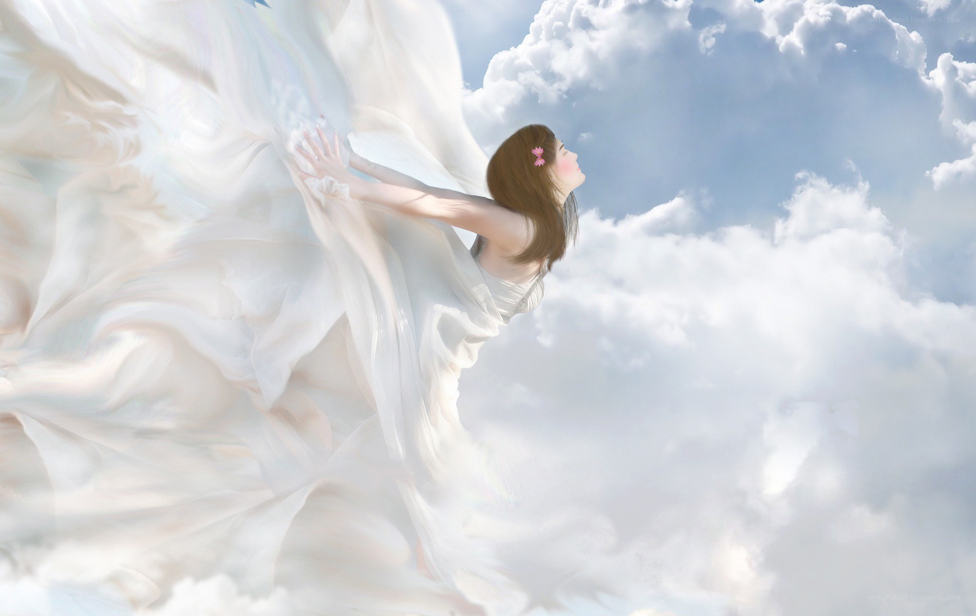 woman flying in clouds