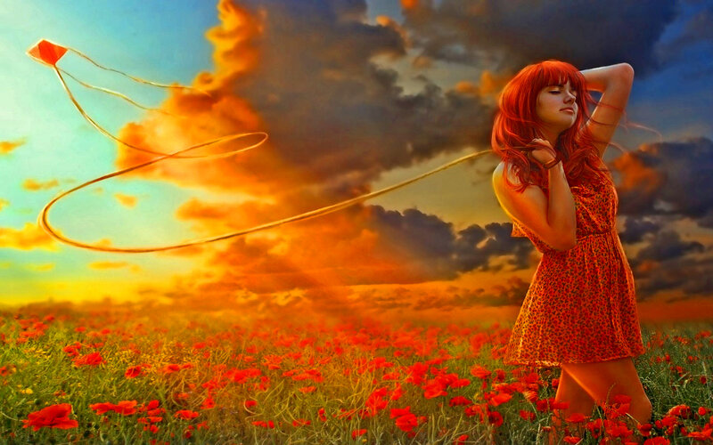 Woman Flying Kite — Red, Dramatic, Sunset