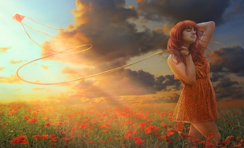 Woman Flying Kite — Red, Dramatic