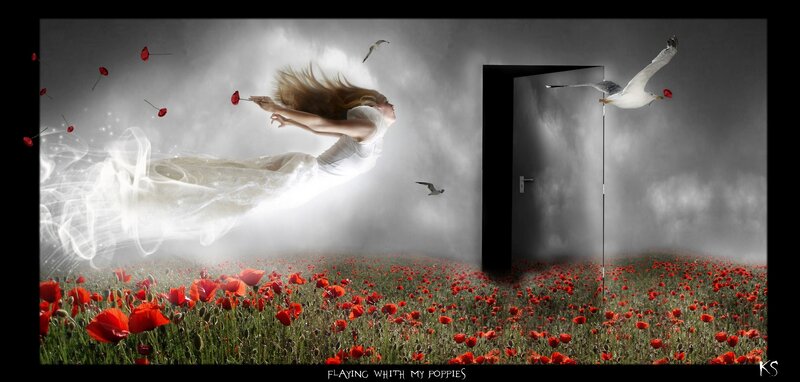 Woman Flying over Field — Red