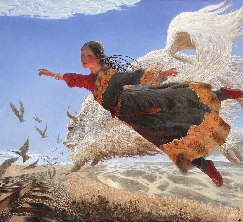 Woman flying with a yak