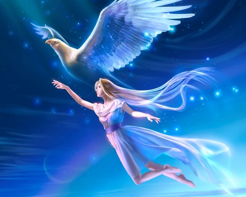 woman flying with angelic bird